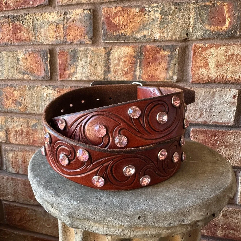 J.W. Jao Saddlery Brown Tooled Leather Belt Pink Rhinestone Floral Buckle